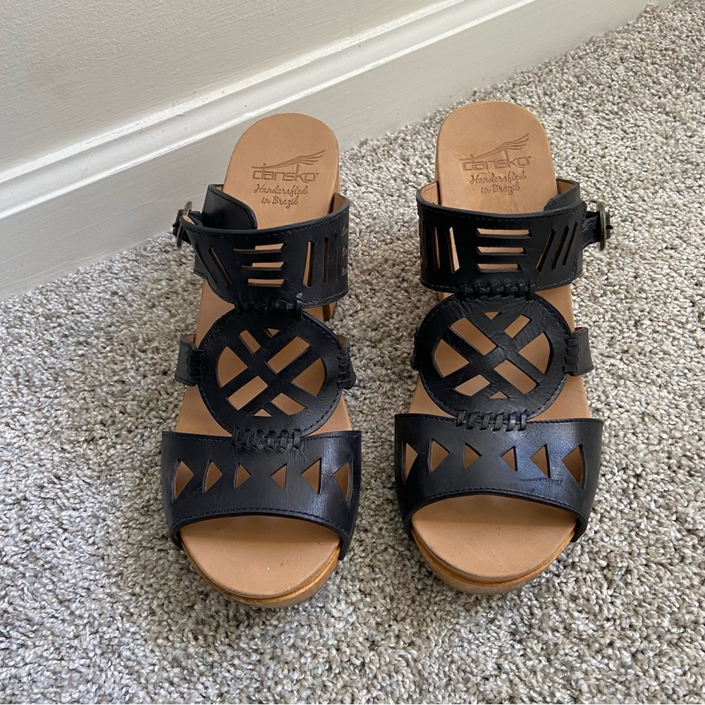 Dansko Black Leather Cutout Studded Wooden Heel Sandals - Picture 7 of 10